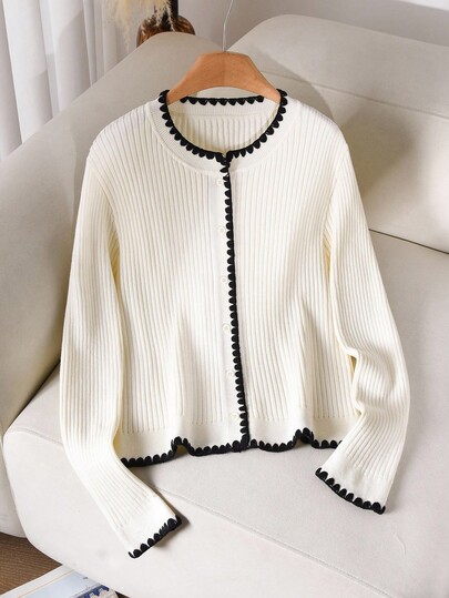 CosyJoli Plus Size Contrast Color Knit Cardigan Cute Cardigan Women Cardigan Women Sweaters Scalloped Trim Cardigan Ribbed Cardigan Ribbed Knit Cardigan Autumn Winter Clothes For Women