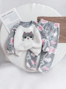 Genkimix Kids 2 件女童可爱心形和卡通猫毛绒保暖裤舒适睡衣套装，秋冬