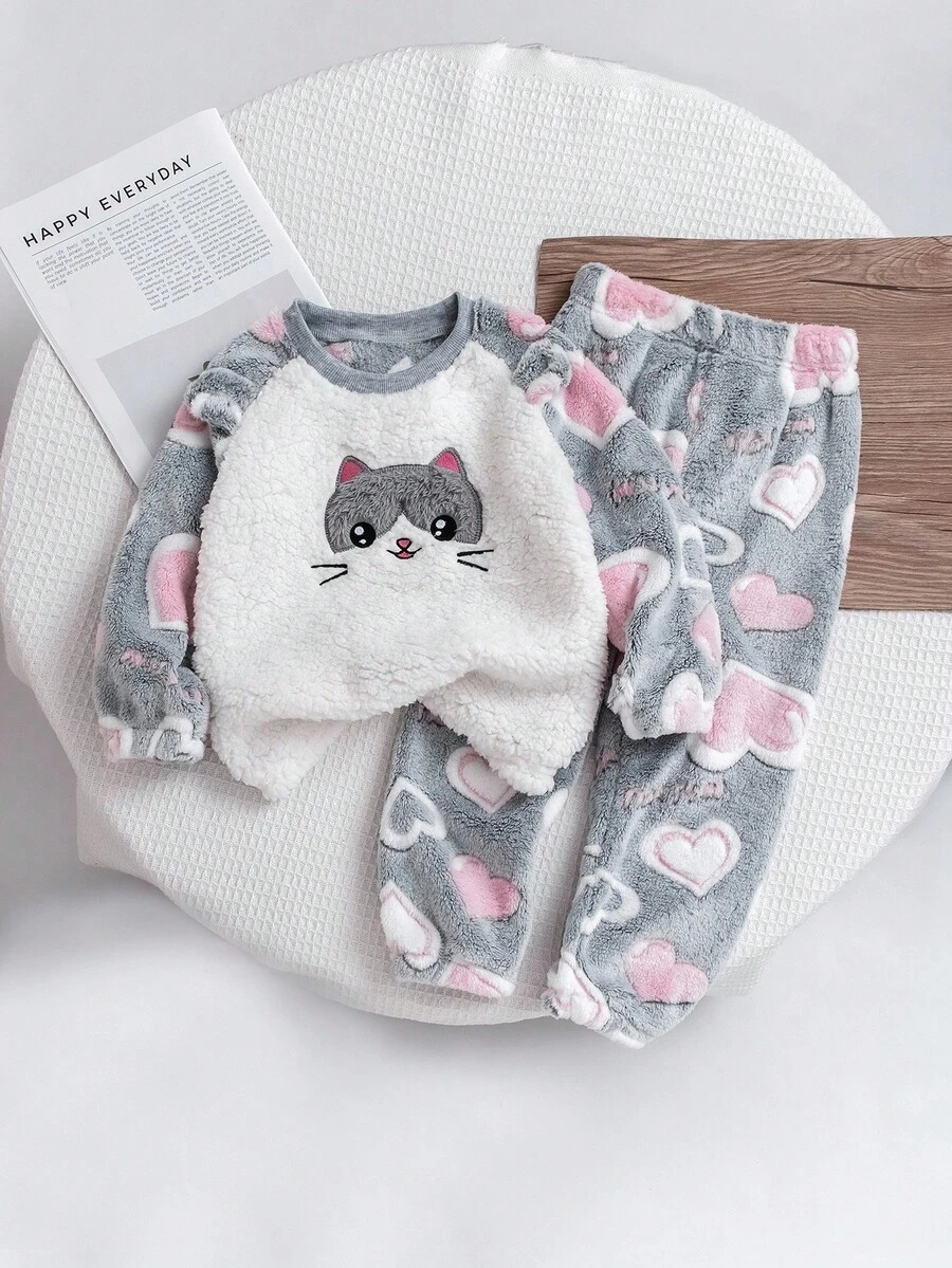 Genkimix Kids 2 件女童可爱心形和卡通猫毛绒保暖裤舒适睡衣套装，秋冬