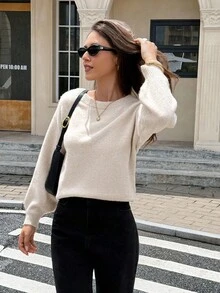 Serisse Pull ample en tricot décontracté pour femmes avec nœud papillon dans le dos et épaules tombantes, manches longues pour l'automne. Chic, élégant, décontracté, idéal pour le bureau, les sorties, les enseignantes, la rentrée, l'automne, Noël, les fêtes, l'hiver et le printemps - Nude - Voir 5