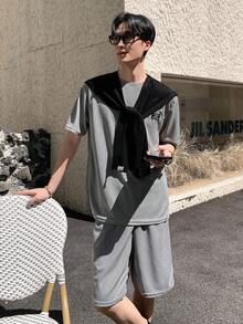 SHEIN Mirajuku Teen Boy Texture Waffle Grid Fabric Solid Color Short Sleeve Top And Shorts 2pcs Set, School, Campus, College - Grey - View 6