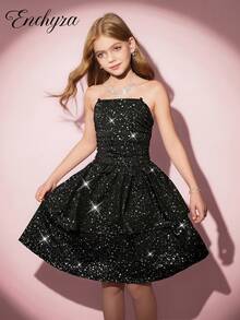 褶皱无袖迷你连衣裙，全新夏季设计，亮片和荷叶边下摆，无肩带 - 黑色 - 查看 3