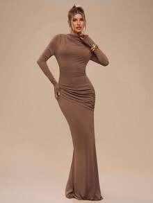 SHEIN BAE Váy đuôi cá dài tay ôm sát vai màu kaki trơn, váy thanh lịch, váy phù dâu, váy sinh nhật, váy nhiều lớp thu đông, váy thường ngày, váy dự tiệc trang trọng, váy ngày lễ, váy thu đông, váy dự tiệc cưới, váy thanh lịch cho nữ, váy nâu, váy Halloween, váy Giáng sinh, váy năm mới - Màu Khaki - Xem 6