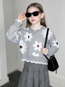 SHEIN LMoss Kids 少女花卉图案灰色长袖毛衣，可爱百搭，秋冬 - 灰色 - 查看 2