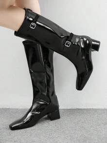 CUCCOO BIZCHIC Women's Pointed Toe Buckle Design Mid-Calf Fashion High Heel Boots - Black - View 3