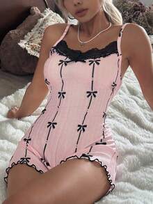 CottageSlumber CottageSlumber Women's Pajamas With Lace Patchwork, Bow Print, Cute Striped Casual & Comfortable Jumpsuit