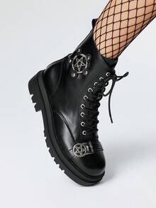 Grunge Punk Giày bốt Punk mũi tròn bằng da PU màu đen phong cách Gothic, trang trí khóa cài, thích hợp cho tiệc tùng, mặc hàng ngày và phong cách đại học - màu đen - Xem 3