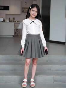 1pc Girls' White Large Lapel Pleated Double-Layer Lace Ruffle Collar Button Front Bow Cuff Lantern Sleeve Elegant Princess Blouse, Spring/Autumn (Sibling Outfits Matching Outfits, 2 Pieces Sold Separately)