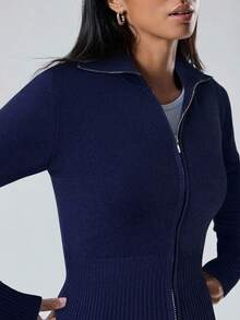 LYSMO 2 件套女士海军蓝拉链开衫和针织裤休闲套装、毛衣套装，秋冬 - 寶藍色 - 查看 6