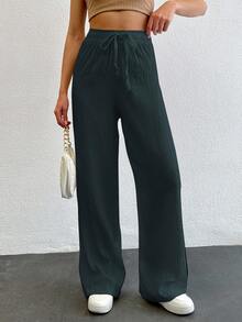 SHEIN Tall Tall Women's Solid Color Long Waist Drawstring Pants - Army Green - View 4