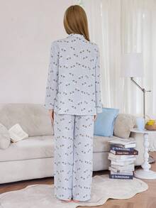 SHEIN Dream Adore Striped Puppy Print Lapel Long Sleeve Long Women Pajama Set, Fall Clothes - Baby Blue - View 2