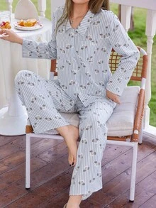 SHEIN Dream Adore Striped Puppy Print Lapel Long Sleeve Long Women Pajama Set, Fall Clothes - Baby Blue - View 6