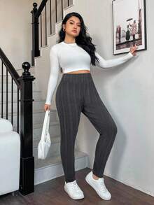 SHEIN EZwear Quần legging lưng cao màu đen cỡ lớn, giữ nhiệt mùa thu/đông - Màu xám đen - Xem 4