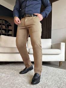 Manfinity Mode Men's Solid Color Casual Suit Trousers, Khaki Dress Pants Men, Old Money Style - Coffee Brown - View 3