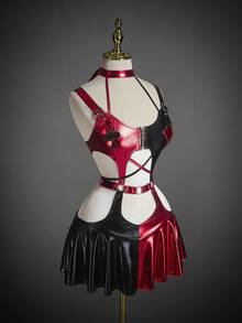 SHEIN ICON Váy mini hở lưng phối màu gợi cảm thời trang - Đỏ và đen - Xem 7