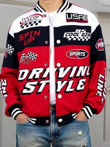 SHEIN 青少年男童休闲酷炫字母数字印花拉链厚针织夹克 - 紅色 - 查看 1