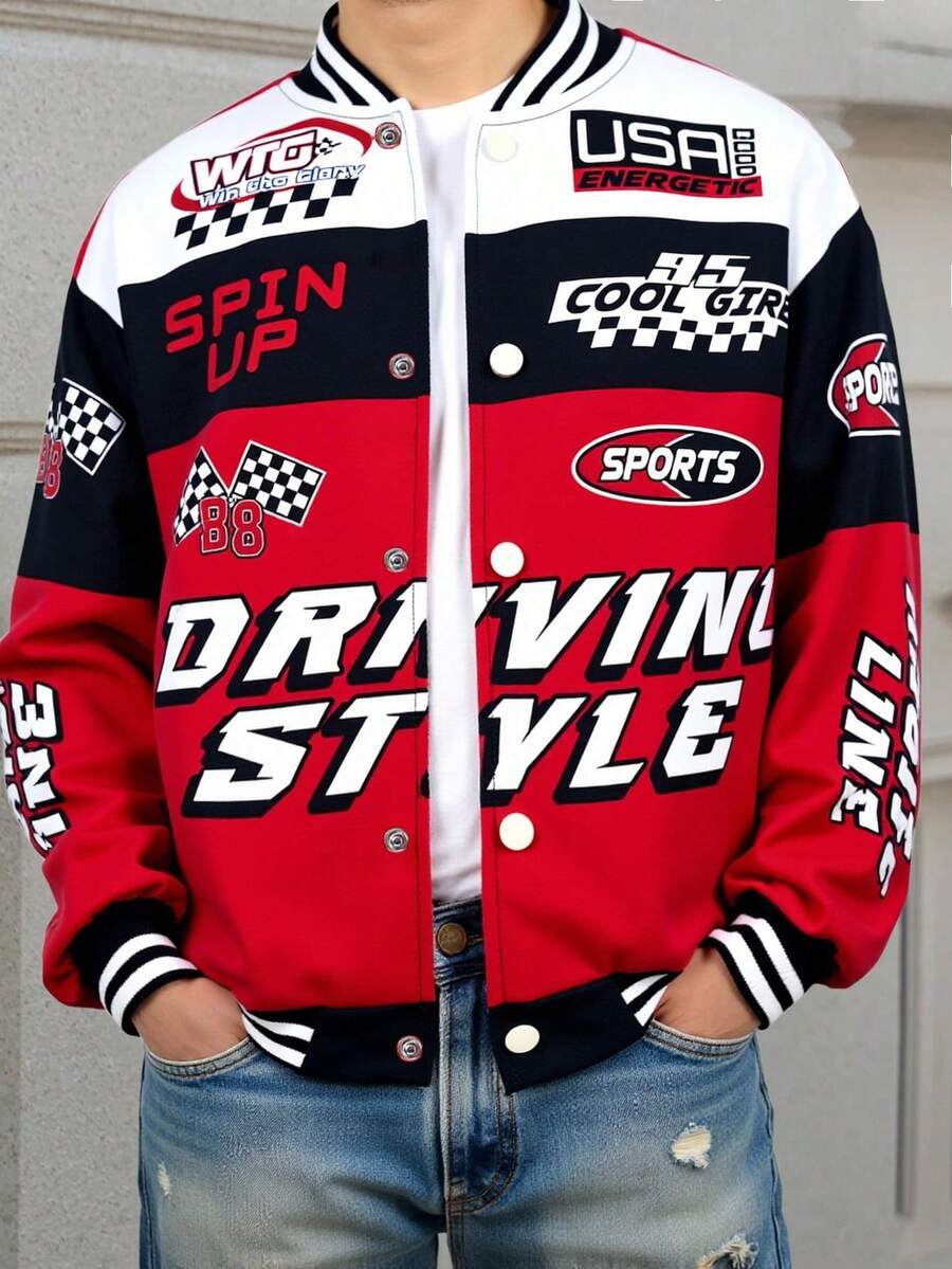 SHEIN 青少年男童休闲酷炫字母数字印花拉链厚针织夹克 - 紅色 - 查看 1