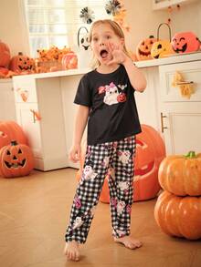 طقم بيجامة قصير الأكمام وبنطال مطبوع بالقرع لفتاة في عيد الهالوين - متعدد الألوان - مشاهدة 3