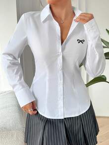 SHEIN EZwear 休闲简约黑色蝴蝶结Logo图案收腰长袖衬衫，适合秋冬季节，复古/学院风时尚女式衬衫 - 彩色 - 查看 5