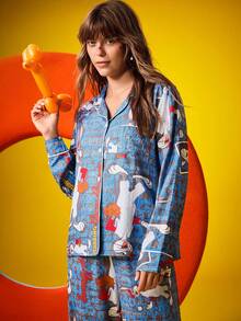 Chillnights X LOONEY TUNES Conjunto de pijama de mujer con top de manga larga y pantalones con estampado de dibujos animados, arruga de burbuja. Conjunto de pijama de mujer, pijama de mujer con diseño de dibujos animados, conjunto de pijama azul de mujer, ropa de otoño - Multicolor - Ver 5