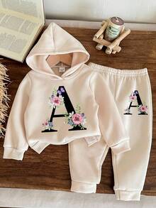 SHEIN Leap Crew 复古植物花卉印花针织柔软连帽衫和裤子套装，适合秋冬季，适合花童、女婴