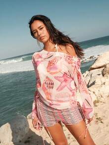 Opulessa Women's Vacation Chiffon Asymmetric Shoulder Long Sleeve Starfish Print Tops Vacation - Burgundy - View 6