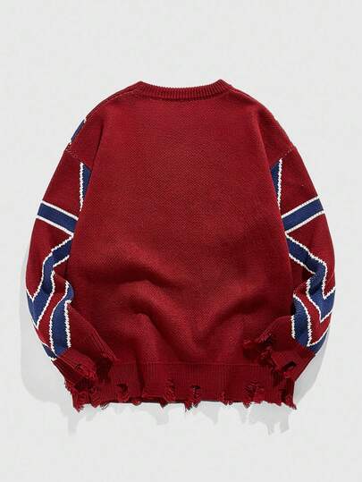 Street Life Suéter de punto con intarsia de bandera vintage de moda, ajuste holgado informal para hombres, para invierno y otoño