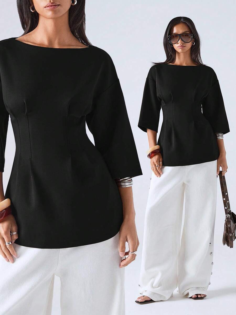 LYSMO 2025 Autumn New Arrival Black Solid Color Round Neck Drop Shoulder Sleeve Cinched Waist Casual Mid-Sleeve T-Shirt. Made Of High Grammage Textured Fabric, Simple And Casual, Suitable For Work And Daily Wear. Black Boat Neck Top Women Black Top Business Casual Top 3/4 Sleeve Top Boat Neck Work Top,Black Tops - Black - View 1