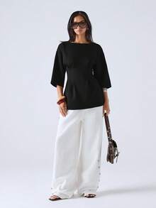 LYSMO 2025 Autumn New Arrival Black Solid Color Round Neck Drop Shoulder Sleeve Cinched Waist Casual Mid-Sleeve T-Shirt. Made Of High Grammage Textured Fabric, Simple And Casual, Suitable For Work And Daily Wear. Black Boat Neck Top Women Black Top Business Casual Top 3/4 Sleeve Top Boat Neck Work Top,Black Tops - Black - View 6
