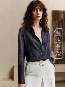 EMERY ROSE 女士粘胶纤维面料长袖蕾丝镂空刺绣设计内衣，日常休闲通勤蓝色衬衫，适合秋季女士商务休闲、办公室女性工作场合穿着，纽扣衬衫，女士工作装 - 藍色 - 查看 2