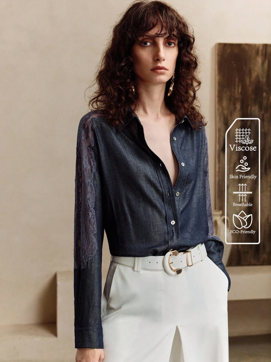 EMERY ROSE Women's Navy Blue Elegent Viscose Button Up Shirt With Lace Hollow Embroidery Design,Autumn Office Work Long Sleeve Inner Wear Daily Casual Commuting - Blue - View 1