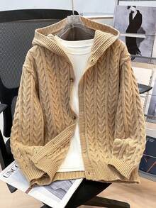 SHEIN 一件装青少年男童休闲运动学院风复古连帽针织开衫，扭结设计，适合儿童返校，也适合生日派对、晚宴、演出、婚礼、洗礼、开幕式等场合，日常穿着舒适，适合上学、旅行、运动，也适合秋冬季节。 - 卡其色 - 查看 5