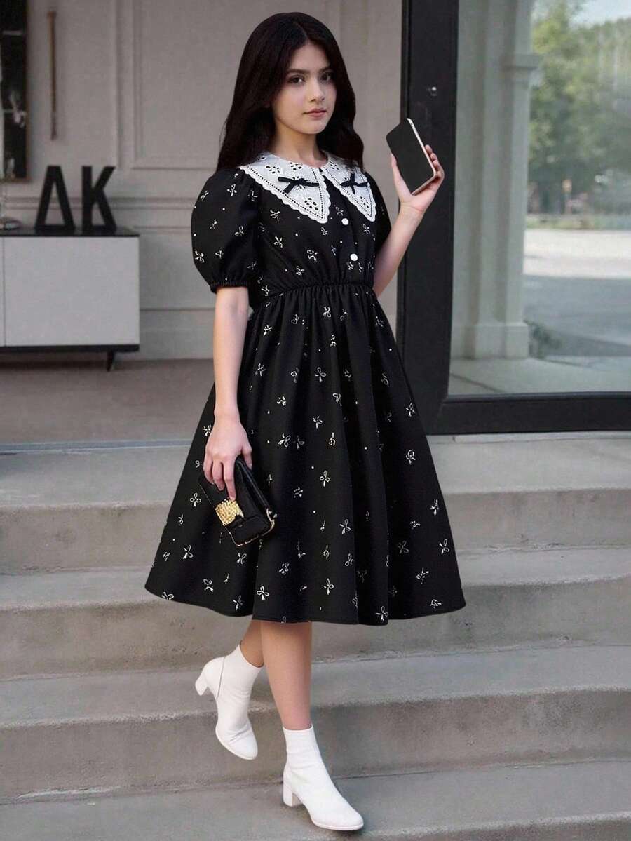 可爱彼得潘领蝴蝶印花泡泡袖女童连衣裙（大女孩） - 黑色 - 查看 1
