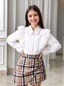 Tween Girls Academy Style Ruffle Collar Shirt And Plaid Skirt Shorts 2pcs Set, Autumn - Khaki - View 1