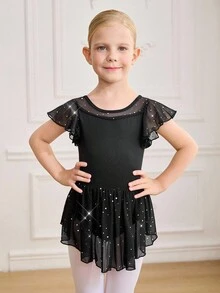 SHEIN 女童无袖紧身连衣裤，带荷叶边腰带蝴蝶结，校园比赛芭蕾舞裙，儿童可爱亮片网眼芭蕾舞裙，舞蹈连体衣 - 黑色 - 查看 4