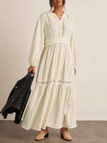 SHEIN VCAY Váy dài tay thường ngày kẻ sọc và ren cỡ lớn Quần áo thu đông Váy mùa đông cho nữ Váy dự tiệc thanh lịch cho phụ nữ Tiền cũ Trang phục đi chơi Phong cách Boho Đồng quê miền Tây Thường ngày - Màu be - Xem 3