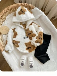 SHEIN 2pcs Baby Girl Cute Cartoon Teddy Bear Fluffy Sweatshirt And Pants Set, Autumn/Winter Fall - Multicolor - View 3