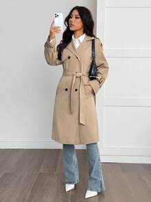 SHEIN PETITE 女式卡其色休闲磨边装饰学院风风衣 - 卡其色 - 查看 6