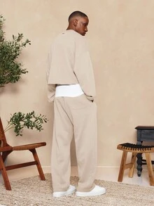 SUMWON Essential 低裆慢跑运动裤，宽松版型，抽绳腰带，弹性裤脚，居家休闲街头风舒适下装，秋冬纯色 - 卡其色 - 查看 3