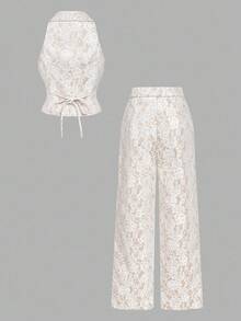 SHEIN MOD 女式复古皇家西装背心和裤子两件套，带蕾丝、珍珠纽扣、长袖，适合约会装、万圣节装、返校装、Y2K 装、垃圾装、秋冬旧款 - 杏色 - 查看 2