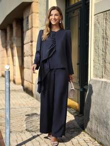 SHEIN Unity 2pcs Solid Color Asymmetric Draped Blouse & Wide Leg Pants Elegant Women Suit Fall Cloth For Women - Navy Blue - View 4
