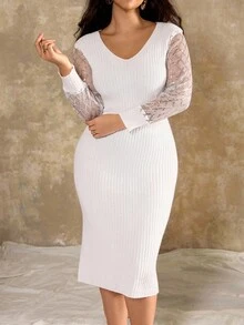 Flirla Plus Size Vintage Patchwork White Long Sleeve Slim Fit Midi Sweater Dress Fall Winter Cloth For Women Autumn - White - View 7