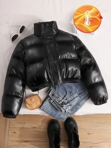 SHEIN 1pc Tween Girl PU Leather Warm Versatile Stand Collar Thick Padded Coat, Winter Fall - Black - View 3