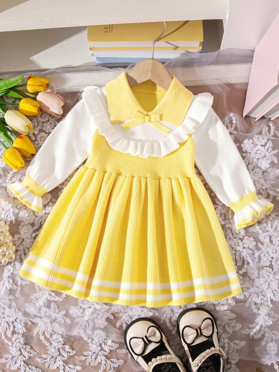 Baby Girl Fashionable Elegant Cute Knitted Long Sleeve Sweater Dress, Autumn/Winter Yellow Baby Girl Dress Yellow Peter Pan Collar Baby Dress Baby Girl Yellow Dress Baby Girl Knit Dress Baby Girl Sweater Dress Dress With Collar Yellow Sweater Dress Knit Dress Baby Girl Ruffle Dress Baby Girls Winter Clothes Baby Girls Fall Clothes Baby Girl Fall Outfits Yellow Dress For Baby Girl Yellow Peter Pan Collar Dress Spring Theme Party Dress For Baby Dress - Yellow - View 1
