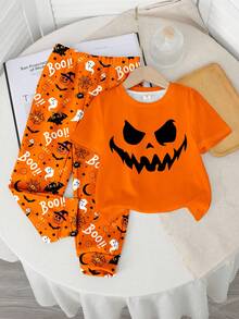 SHEIN Baby Boys Casual Stylish Classic Cool Halloween Pattern Print, Spider, Ghost, Pumpkin, Bat Graphic Round Neck Short Sleeve Top And Pants Set, Halloween Costume - Multicolor - View 2