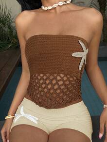 Aloruh 女式钩针海星镂空紧身短款上衣，适合秋冬季音乐节 - 棕色 - 查看 4