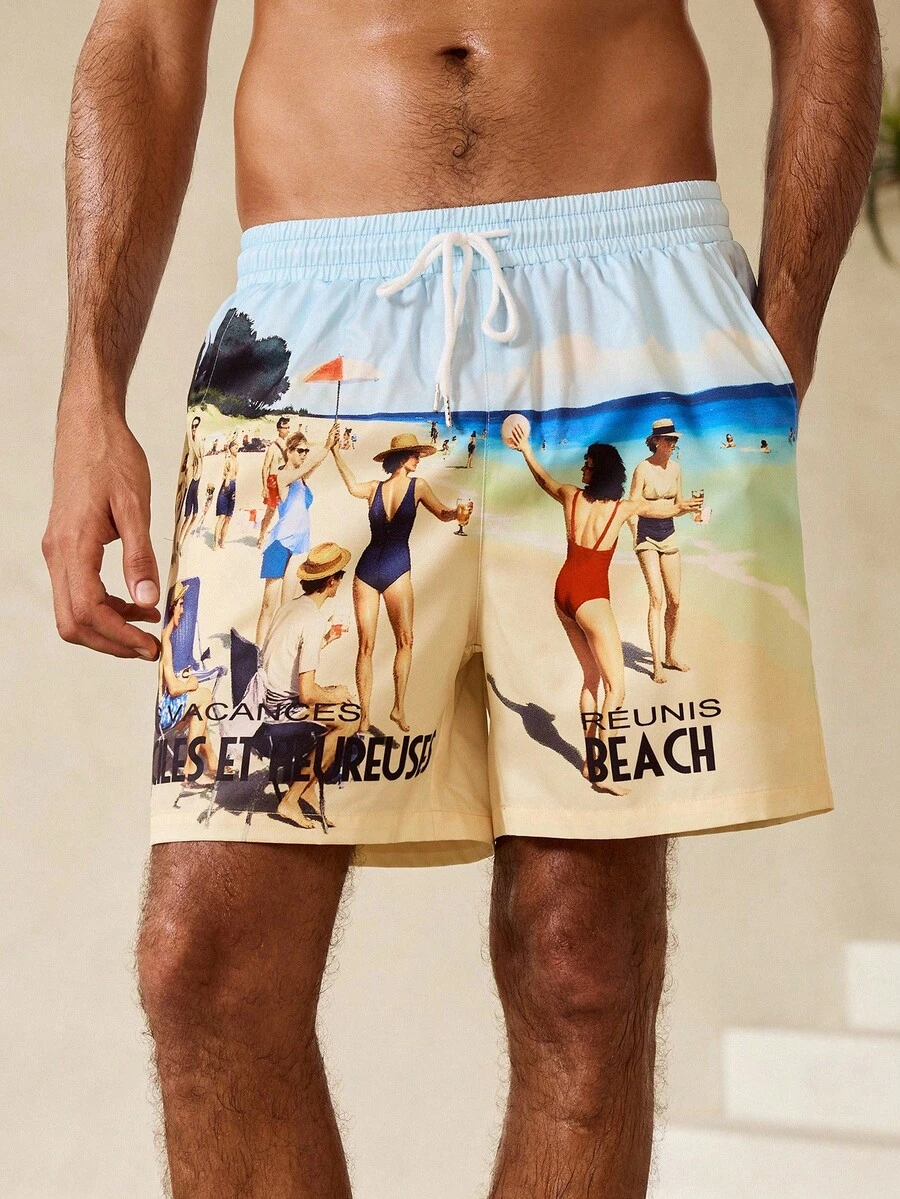 Manfinity Swimmode Men's Casual Printed Drawstring Beach Shorts - Multicolor - View 1