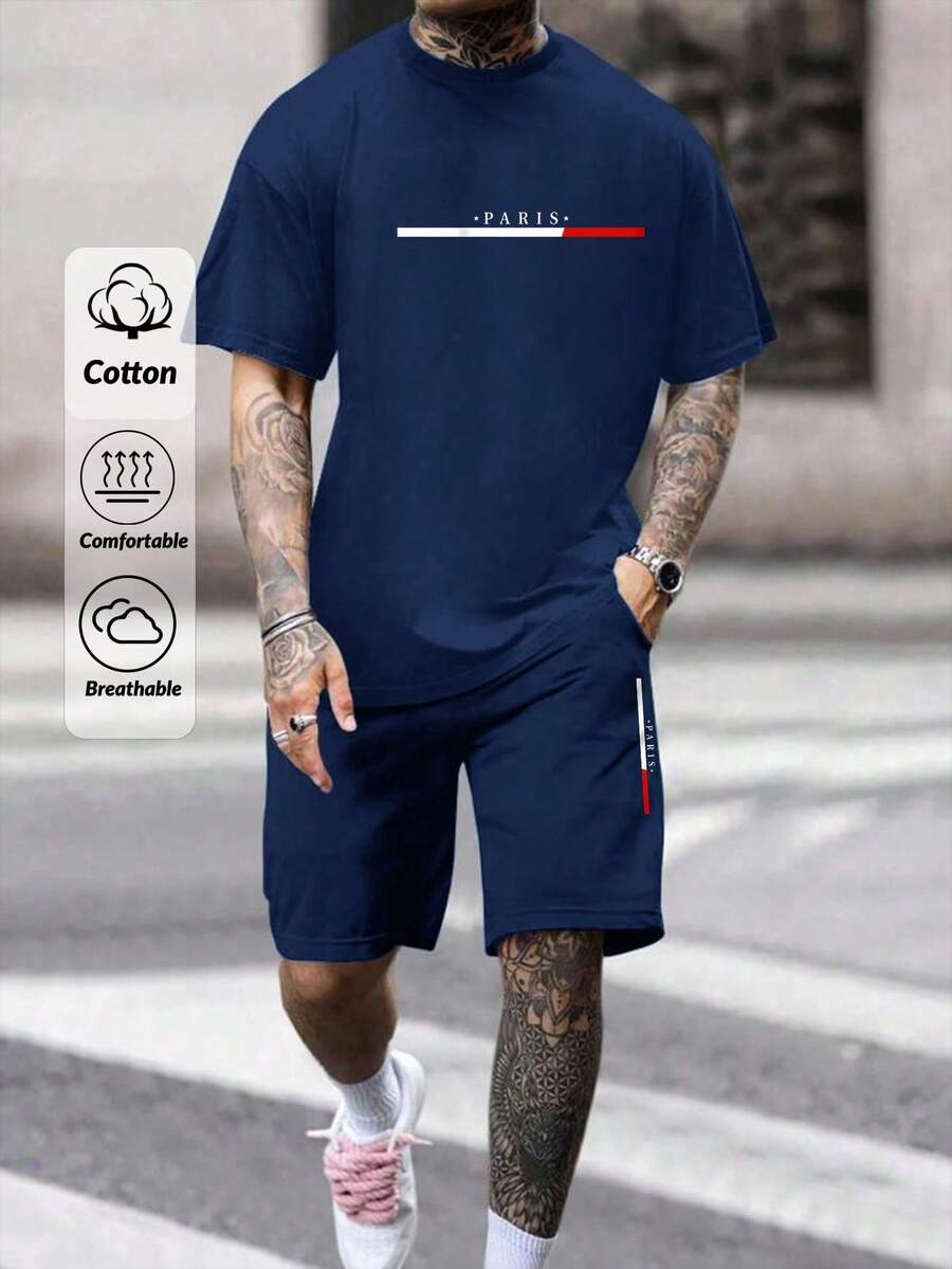 RueChic Men Cottonline Paris Printed Regular T-Shirt & Short Set - Navy Blue - View 1