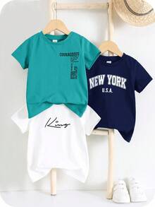 3pcs/Set Kids Boys Casual Letter Print Graphic Crew Neck Pullover T-Shirts Multi-Pack, Suitable For School And Outdoor Wear, Spring/Summer