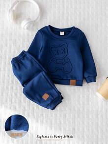 Cozy Pixies 2 pezzi Set di maglia a girocollo a maniche lunghe con motivo a rilievo di orsetto cartoni animati e pantaloni con vita elastica e polsini alla caviglia per bambini/bambine, con fodera in pile caldo, adatto per autunno/inverno, comodo, versatile, casual, carino, design semplice, adatto per interno, esterno, uso quotidiano, sport, gioco, festa, Ognissanti, Natale, Capodanno, ritorno a scuola
